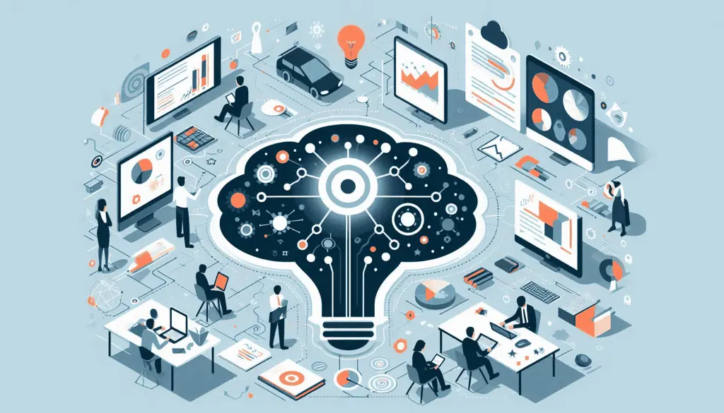 The image illustrates depicting professionals analyzing charts and metrics around a large lightbulb, symbolizing data-driven decision-making
