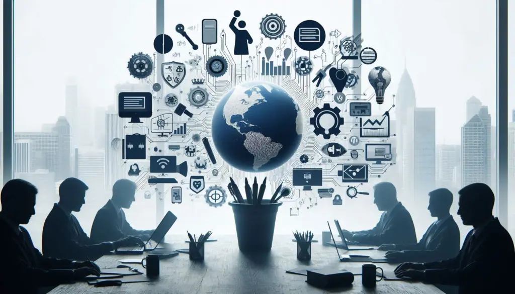 Team strategizing over the digital transformation of government, with a cityscape backdrop and icons depicting challenges like technology and innovation