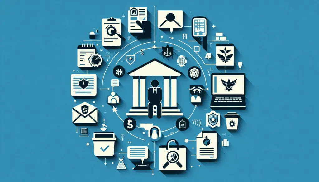 Person engaging with icons of government services against a blue backdrop, embodying the digital transformation of government in public program interaction