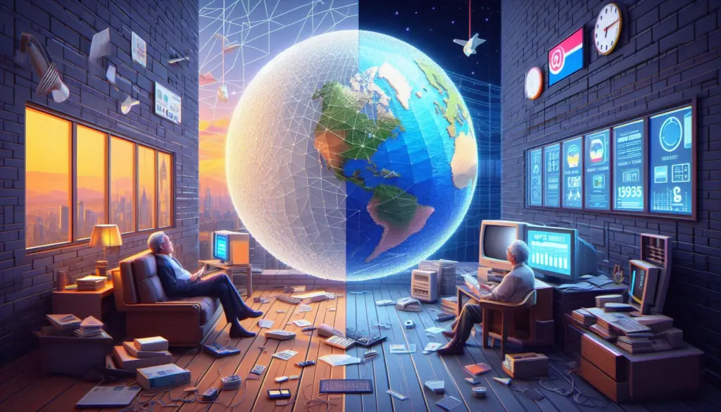 A modern office with digital screens and holographic projections, amidst a blend of traditional and futuristic elements