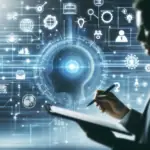 A professional interacts with a futuristic AI interface, symbolizing the efficiency of AI workflow automation in business