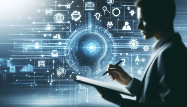 A professional interacts with a futuristic AI interface, symbolizing the efficiency of AI workflow automation in business