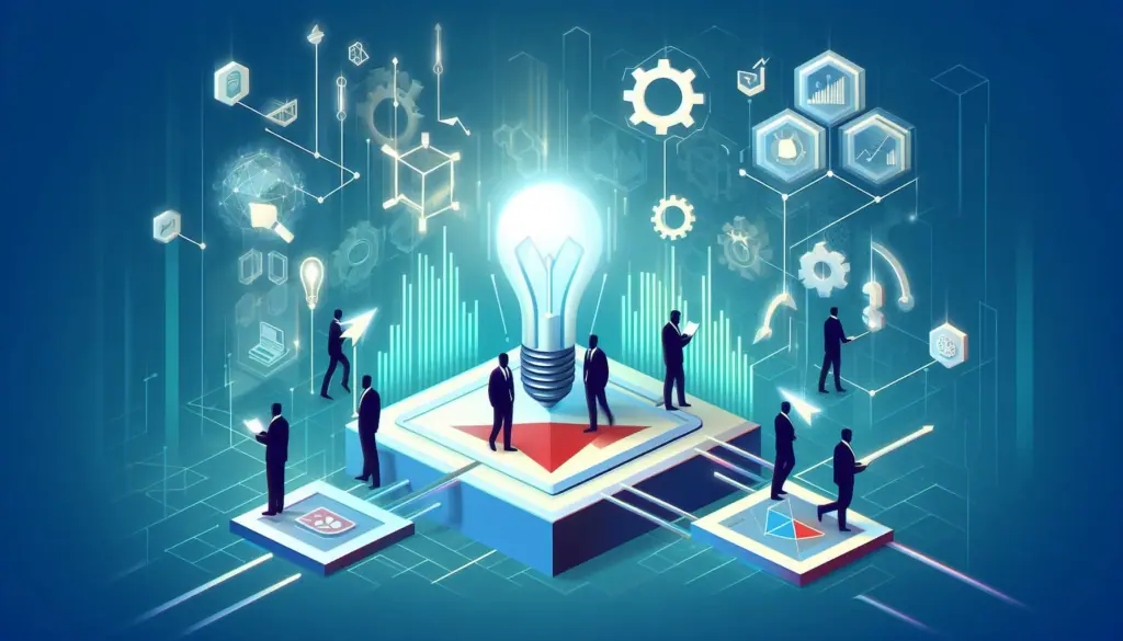 Team collaborating on digital business transformation strategy around a glowing light bulb, symbolizing innovative ideas