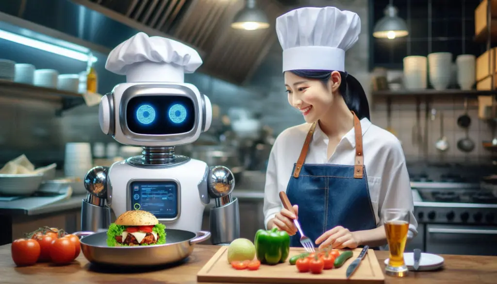 A robot with a chef’s hat stands next to a human in a kitchen, symbolizing jobs that won’t be replaced by AI
