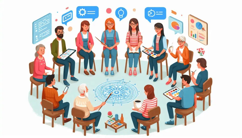 Illustration of diverse individuals engaged in a collaborative meeting, with digital icons symbolizing the ‘Future of Work with AI’ in reskilling and upskilling contexts