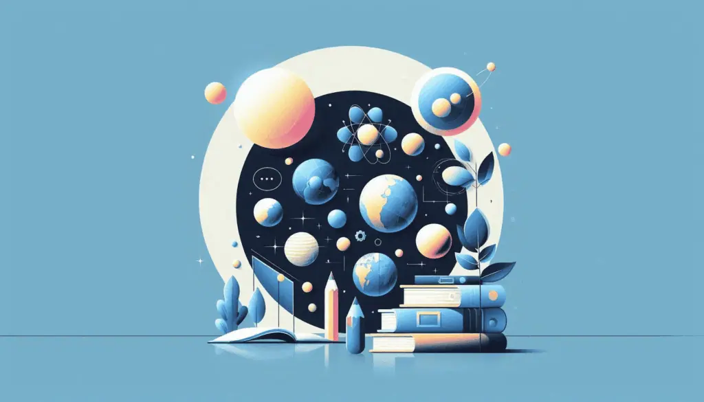 A cosmic-themed visual encapsulating ‘case studies’ with celestial bodies, books, and ethereal elements against a deep blue backdrop, symbolizing the vastness of knowledge