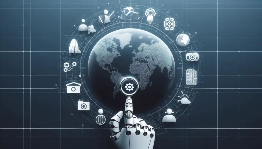 A robotic hand points to a holographic globe encircled by digital icons, encapsulating the AI debate on global AI regulation within a futuristic interface