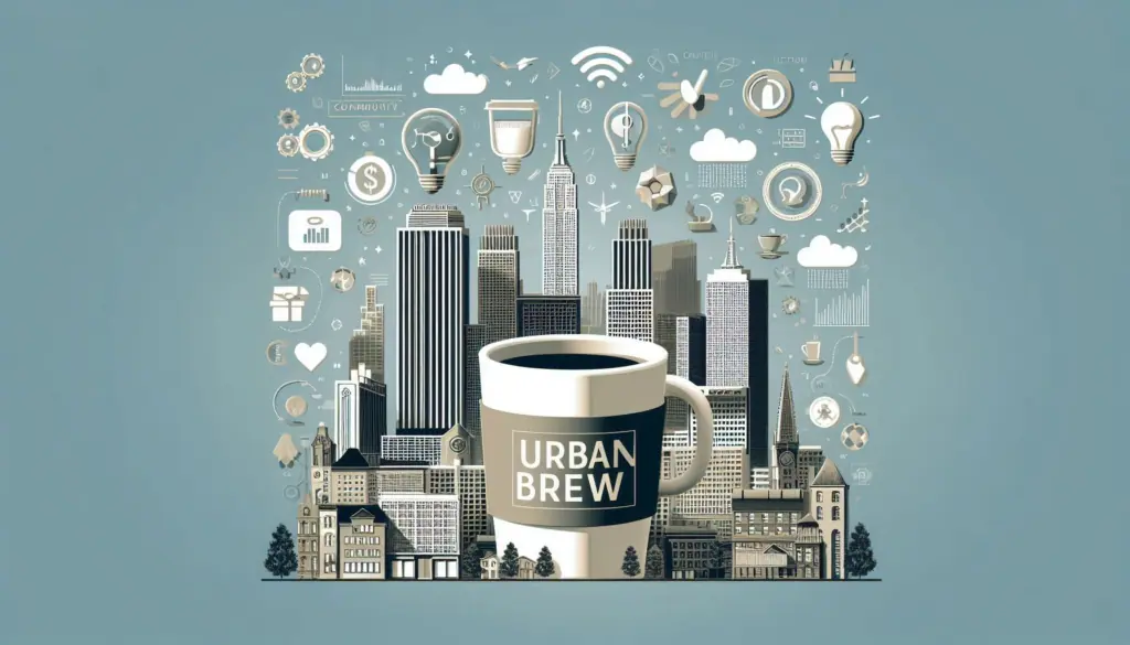 A stylized coffee mug with ‘URBAN BREW’ etched, from which a vibrant cityscape emerges, symbolizing AI workflow automation enhancing urban life