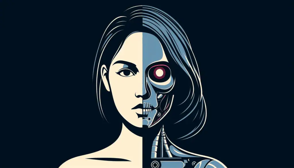 A conceptual image exploring the dual nature of AI, with a humanoid split between human and mechanical, prompting the question: is AI good or bad?