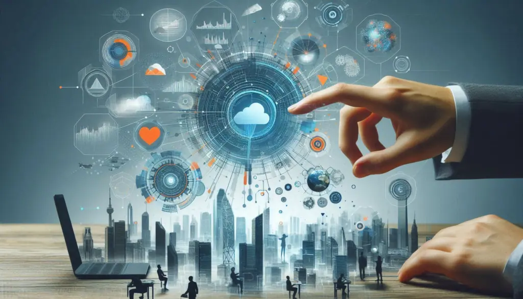 Dynamic representation of digital transformation and innovation: a hand interacts with futuristic holographic icons over a city skyline
