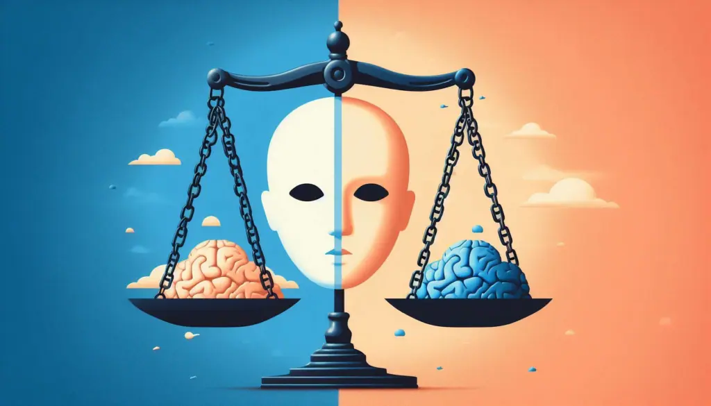 A symbolic scale under a serene sky balances the contrasting aspects of AI, with brains in hues of innovation and caution, reflecting the delicate equilibrium between AI’s promise and the peril of ‘nuclear war’