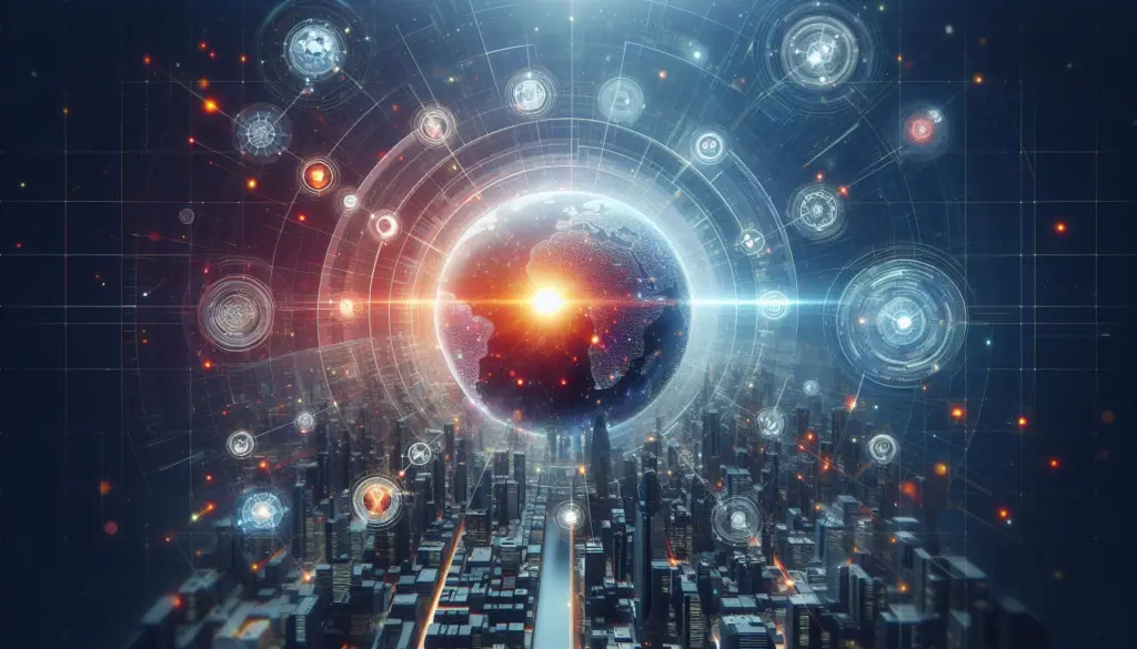 A futuristic cityscape with a glowing orb and digital interfaces, encapsulating the debate on artificial intelligence within The Promise of AI, in a minimalist design