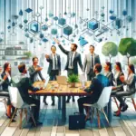 Professionals engage in a strategic meeting on AI transformation, discussing the integration of advanced technology for business growth