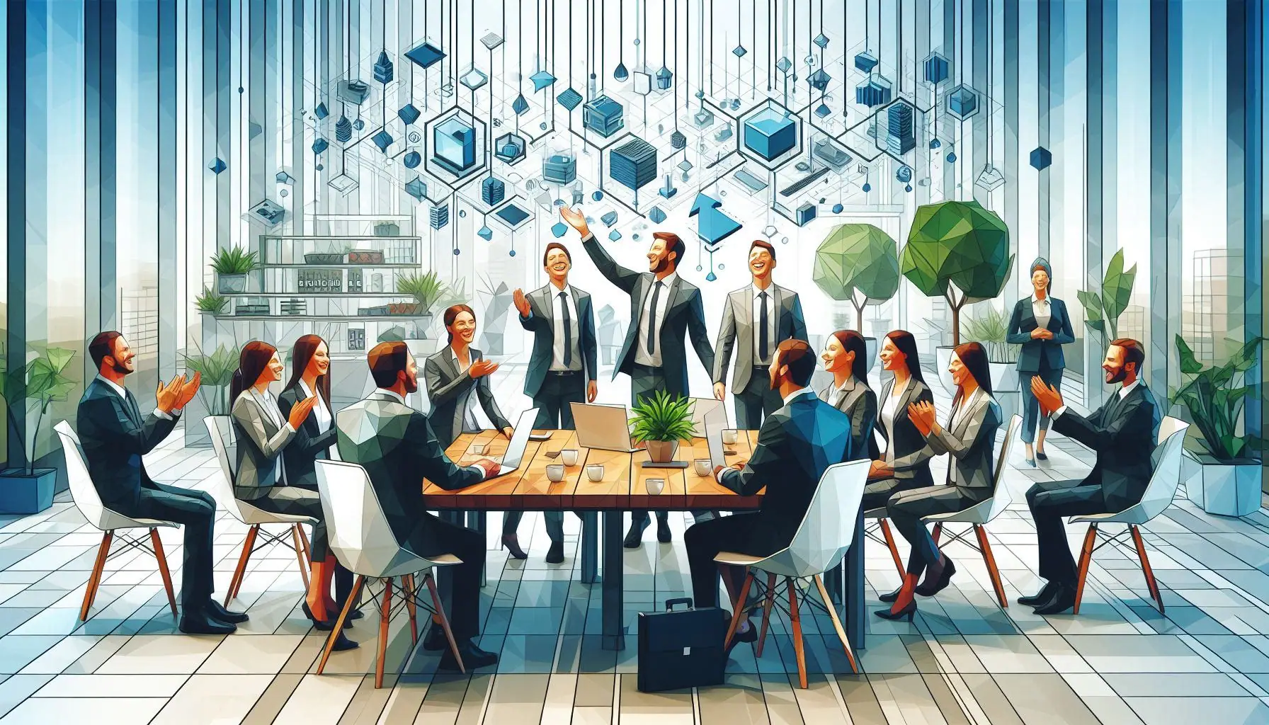 Professionals engage in a strategic meeting on AI transformation, discussing the integration of advanced technology for business growth