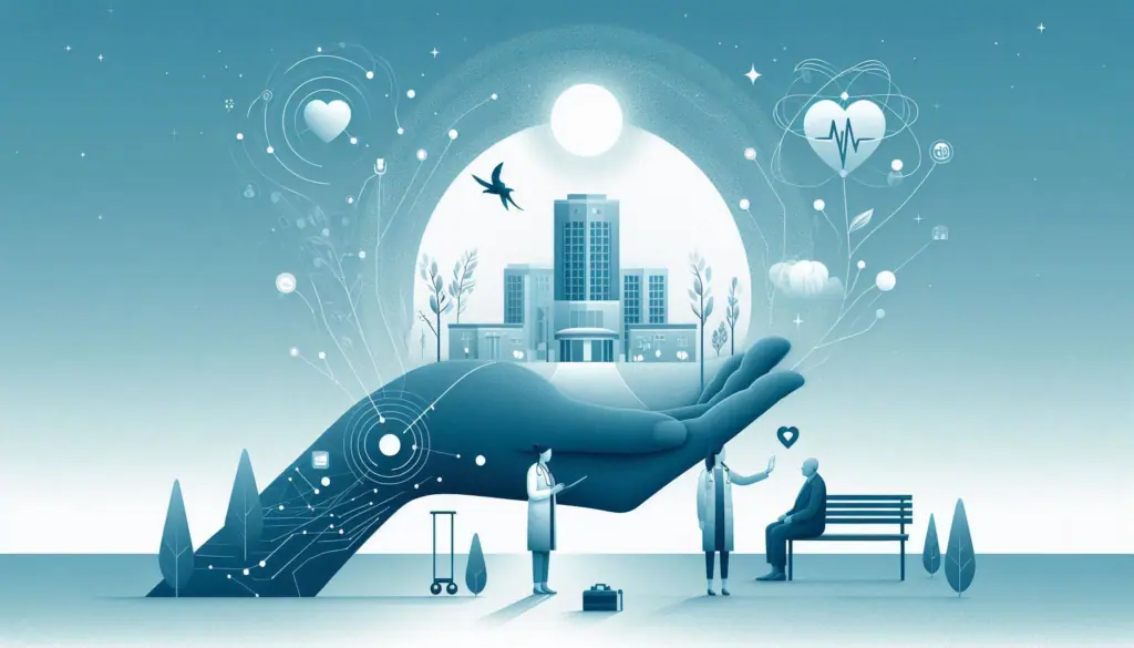 Illustration of HopeMed’s transformation through analytics, showing a digital hand holding a cityscape with medical icons