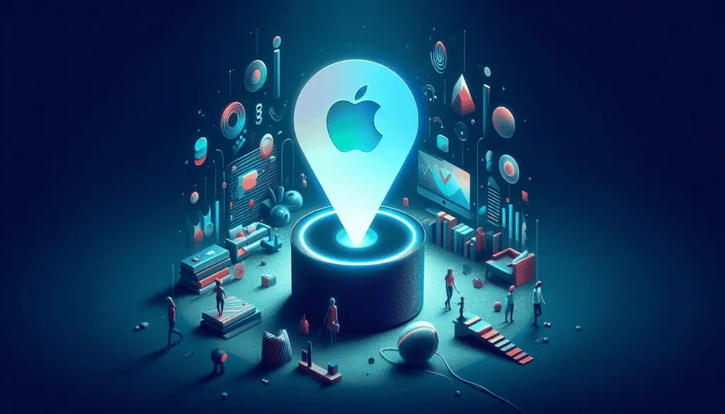 A vibrant 3D illustration of Apple’s Siri icon with NLP elements, surrounded by abstract data and human figures