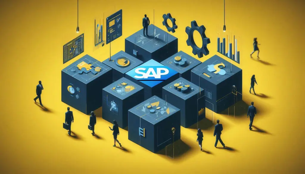 A conceptual representation of SAP’s integration of NLP in enterprise solutions, featuring abstract figures interacting with symbolic tech elements