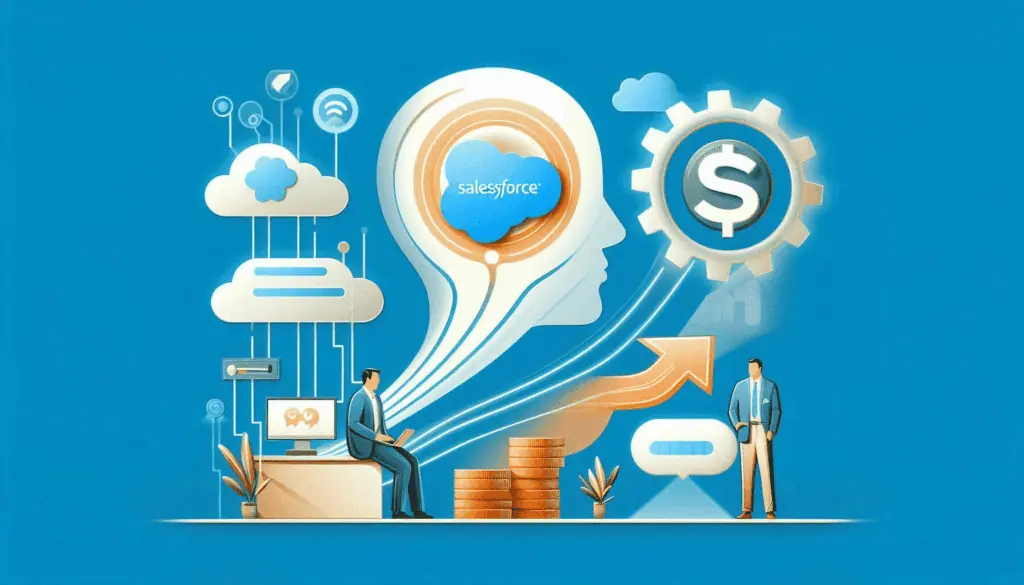 Illustration of a Salesforce organization utilizing NLP in CRM, with a human head profile, gears, cloud computing icons