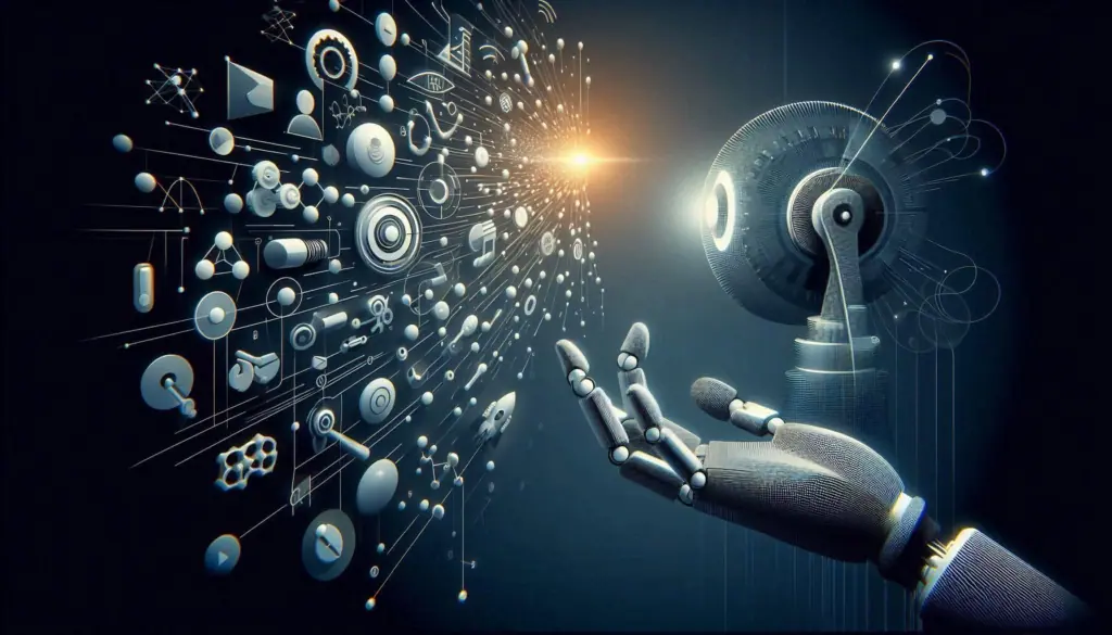 A robotic hand extends towards a luminous burst, encircled by symbols of Multimodal NLP, illustrating the synergy of technology and intelligence