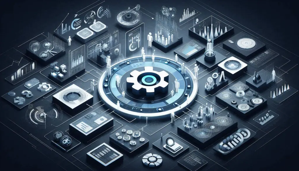 An abstract representation of ‘ai for business operations’ with dynamic, interconnected elements symbolizing seamless AI-driven workflows