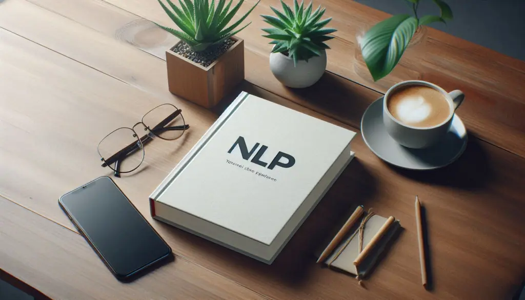A study scene with an ‘NLP’ book, hinting at nlp, accompanied by a smartphone, glasses, and a coffee cup on a wooden desk