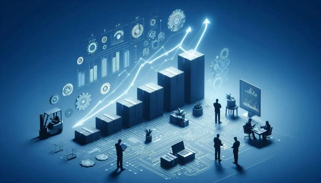The image illustrates the dynamic transition in inventory management, featuring a warehouse with digital overlays, in the evolution of stock control.
