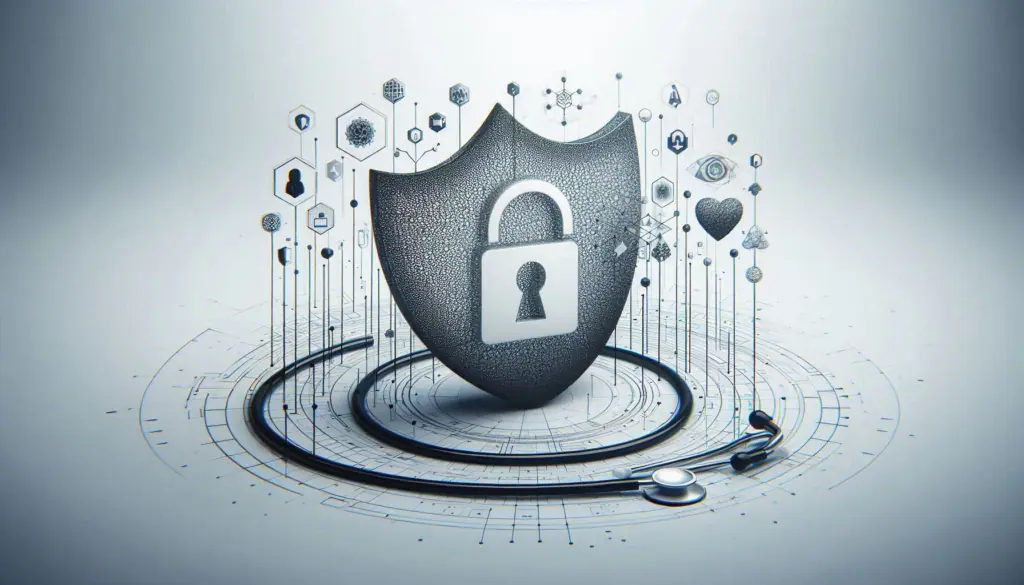 Digital illustration with a shield and lock, surrounded by medical and data icons, symbolizing overcoming challenges in data privacy and integration
