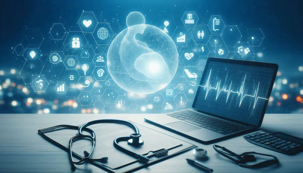 Illustration showing a laptop with a heartbeat graph, a stethoscope, and healthcare icons, symbolizing data-driven healthcare solutions