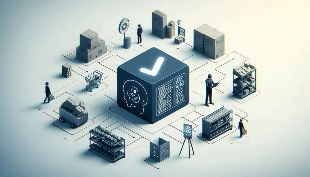 The image portrays a complex automated inventory management system, centered around an AI brain, highlighting the intricate challenges of AI implementation in inventory control.