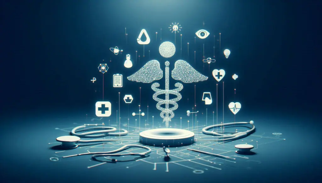 A digital illustration of healthcare analytics in AI solutions, featuring a stethoscope, caduceus symbol, and medical icons connected by circuit lines on a blue background