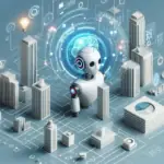 Stylized robot in a futuristic cityscape with 3D graphs, symbolizing ‘AI for business operations’ driving efficiency and innovation