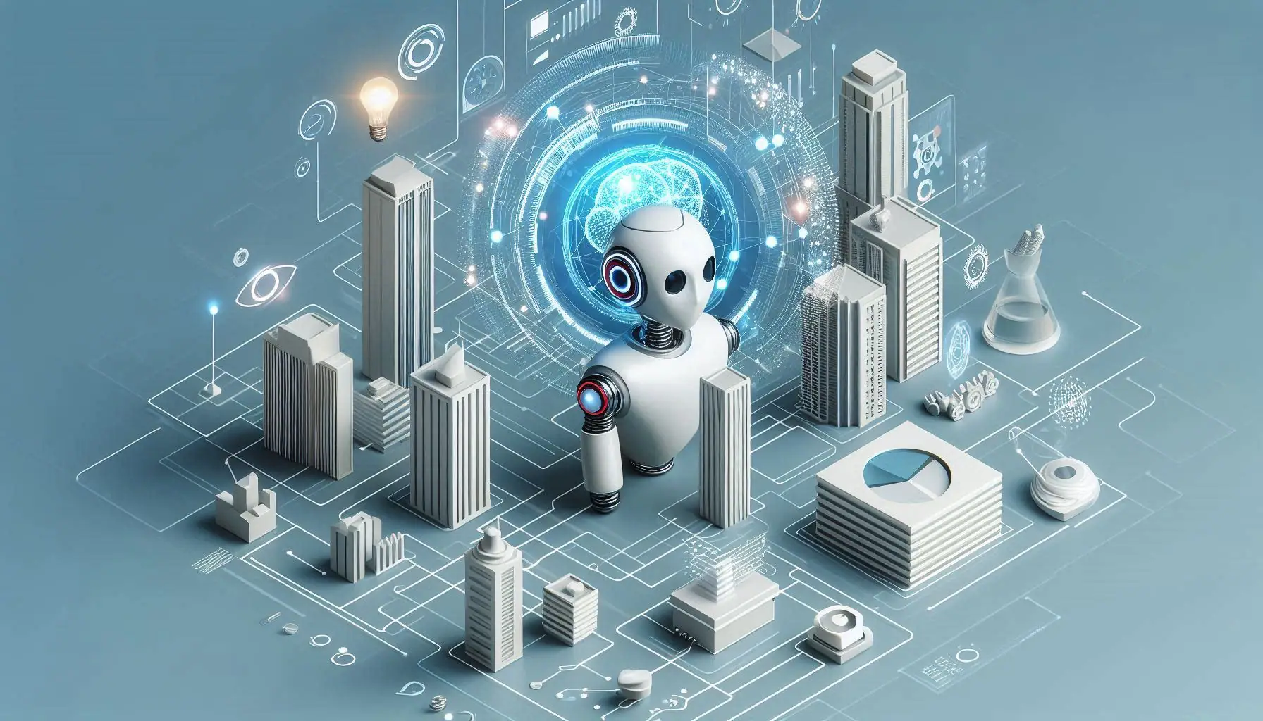 Stylized robot in a futuristic cityscape with 3D graphs, symbolizing ‘AI for business operations’ driving efficiency and innovation
