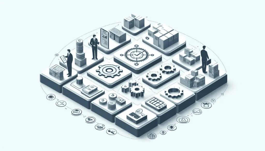 A hexagonal layout showcasing icons for process optimization, analytics, and human oversight, symbolizing streamlined inventory management