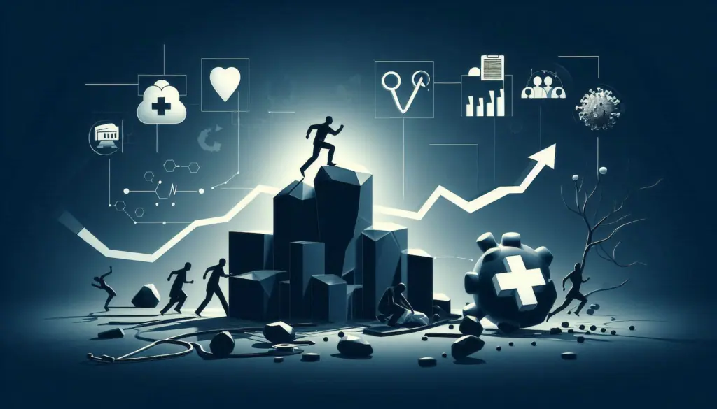 Silhouette of a person climbing a stylized bar chart with data and health icons, symbolizing overcoming challenges in healthcare analytics