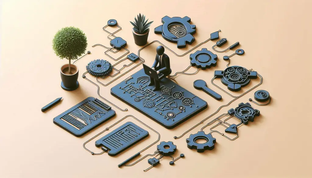 A 3D illustration of a person at a desk with gears, charts, and plants, representing AI integration in small business operations