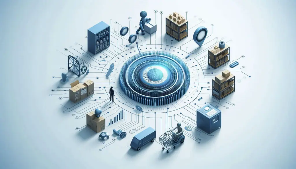 Graphic visualizing modern AI trends in inventory management, highlighting automated systems among storage units