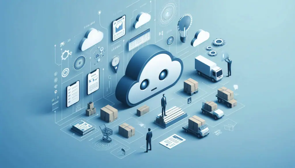 Visual concept of a robot with data analytics and packages, symbolizing AI’s role in small business inventory management