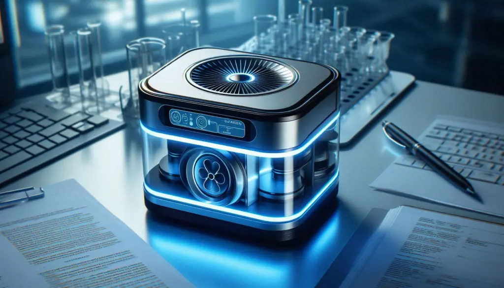 A futuristic device showcasing next-gen AI technology sits on a desk surrounded by papers and glassware in a high-tech lab setting