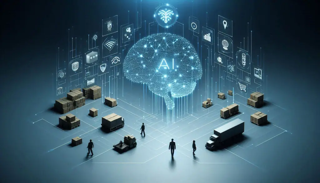 Digital illustration showcasing AI’s transformative impact, featuring icons and figures amidst packages