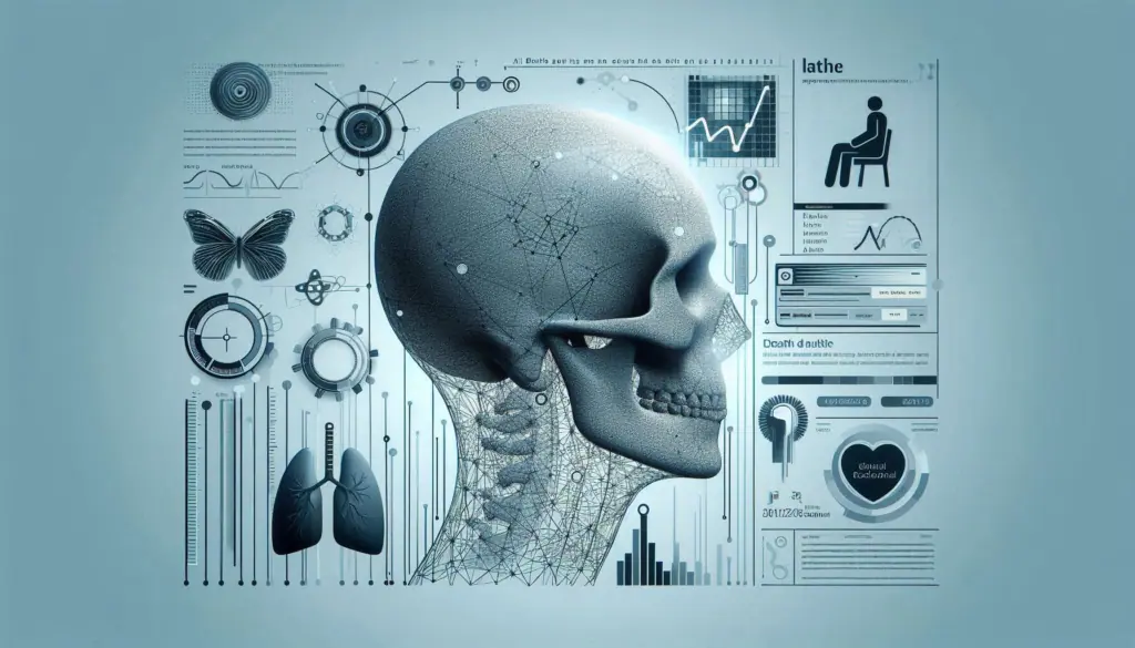 A visual metaphor, featuring a human skull amidst medical and technological symbols against a blue backdrop, encapsulating its potential and peril