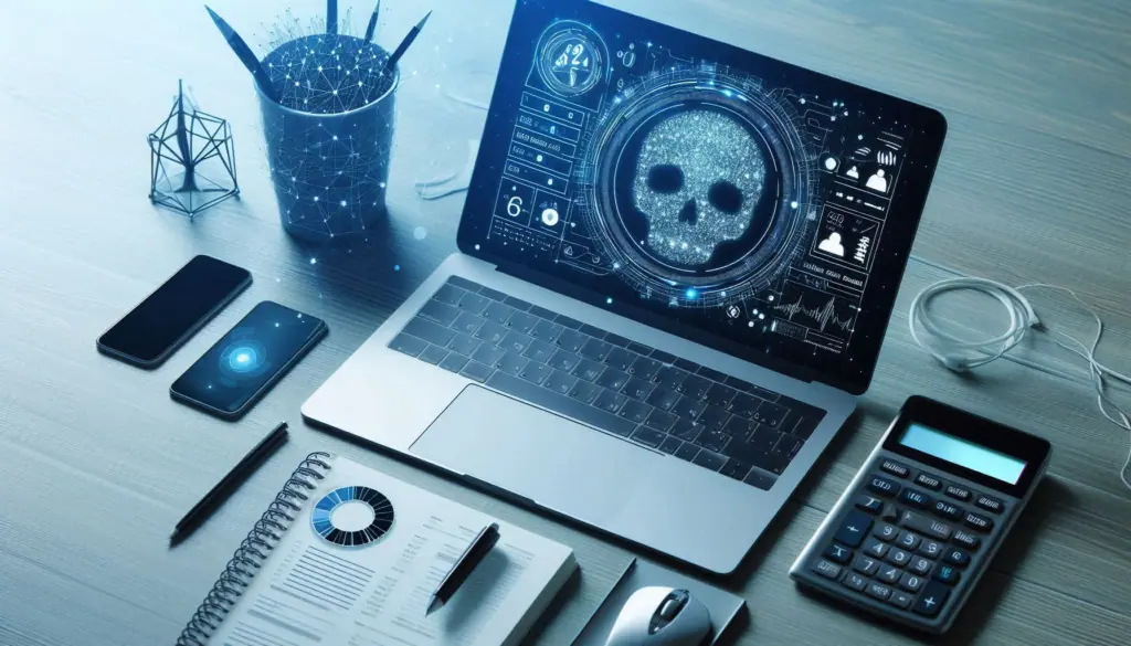 An evocative image depicting the technology behind AI death calculators, with a laptop displaying a skull and crossbones, surrounded by office tools