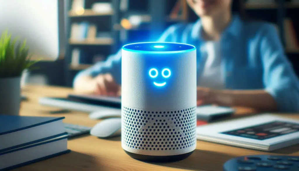 An Amazon Alexa smart speaker with a glowing blue ring, symbolizing its NLP capabilities for voice interaction, set against a clean background