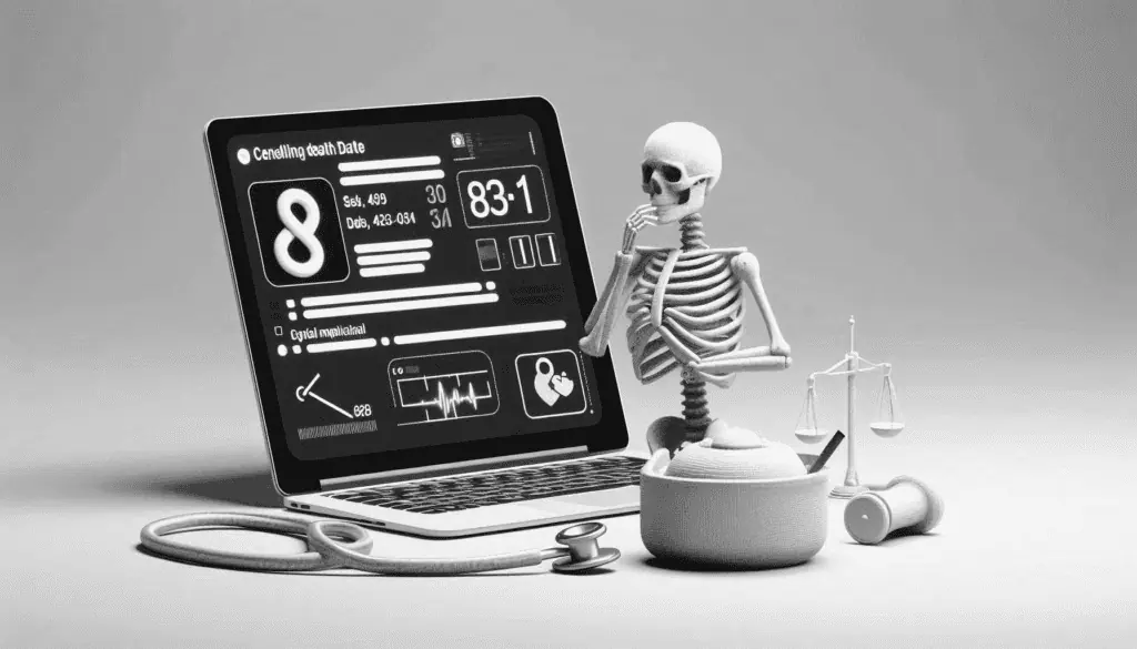 A skeleton beside a laptop highlights the ethical debate for predicting mortality.