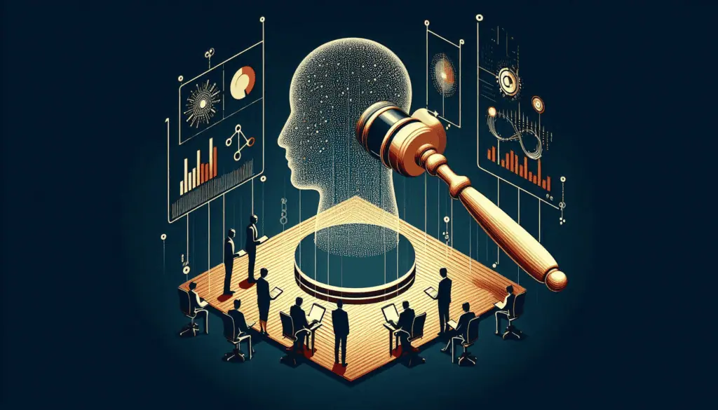 A graphic illustration of ‘AI analytics’ in data quality, depicting a human head silhouette with analytical graphs and a symbolic gavel