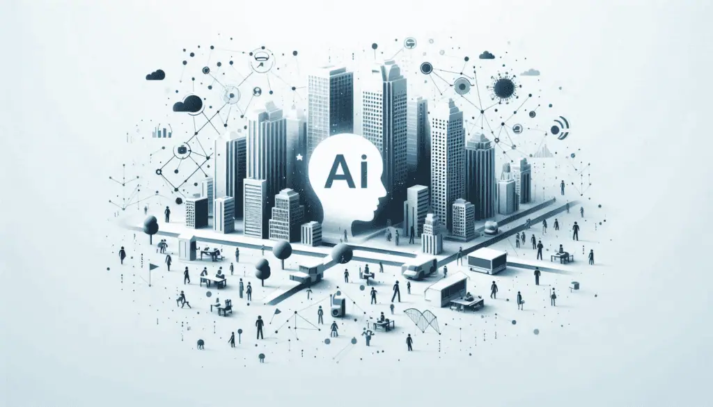 A stylized cityscape with ‘AI’ at the core, symbolizing the transformative impact of AI in urban analytics and data management