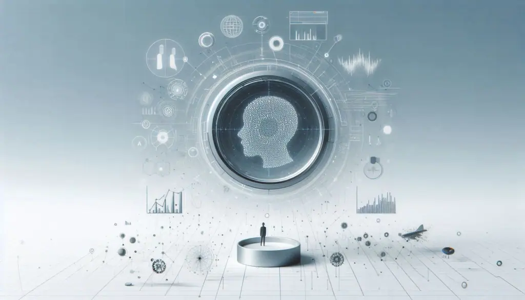 A human head silhouette within a circular interface, encircled by data analytics icons, depicting AI’s evolving role in data analysis