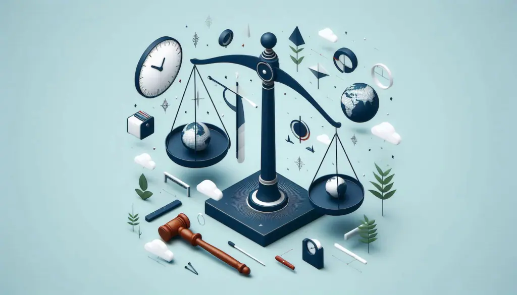 A balanced scale symbolizing ‘AI death calculator’ amidst time and global elements, reflecting the pursuit of Ensuring Accuracy and Fairness