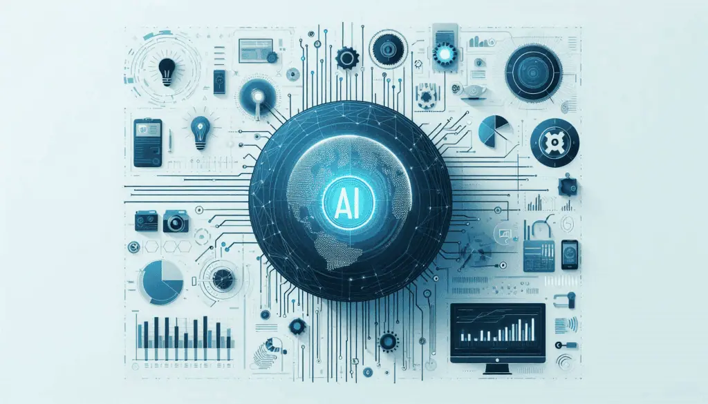 A graphic symbolizing AI Analytics, with a central AI icon, data charts, and circuitry, reflecting the integration of AI in data analysis