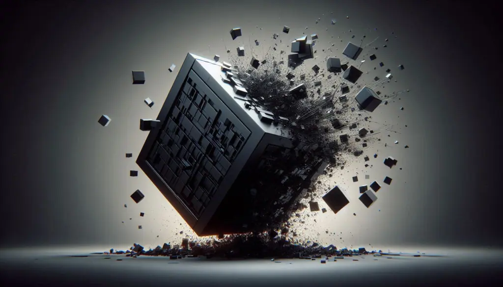 An image of a fragmented black cube, evoking the ‘ai death calculator’ concept, symbolizing the importance of dissecting past AI failures for future wisdom