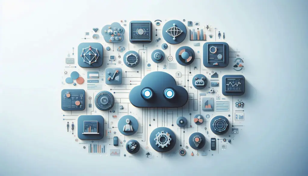 A digital illustration highlighting AI analytics applications, with a cloud computing icon and data symbols, showcasing tech integration